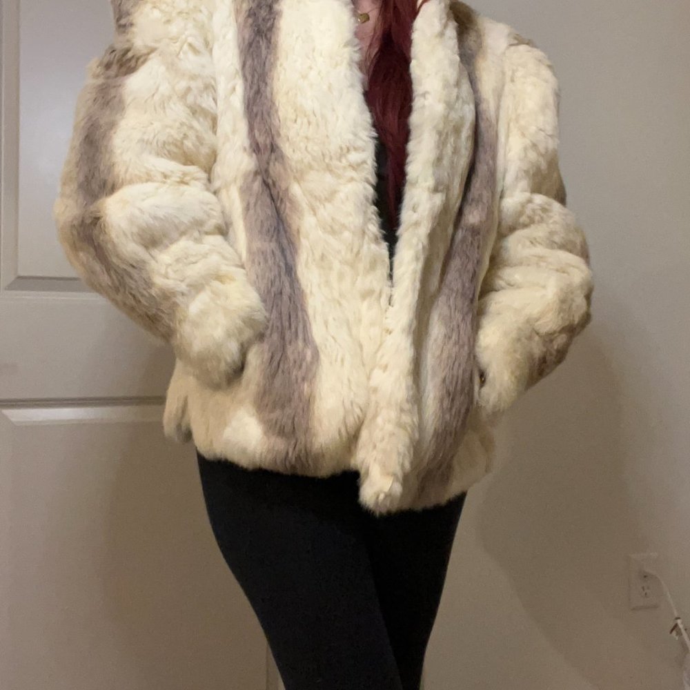Sergio Valente Classy Rabbit Fur Coat Cream Brown White size Medium